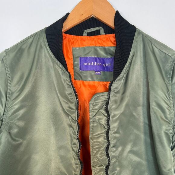 Madden Girl Insulated Bomber Jacket Coat Army Sage Green Orange - Picture 2 of 16